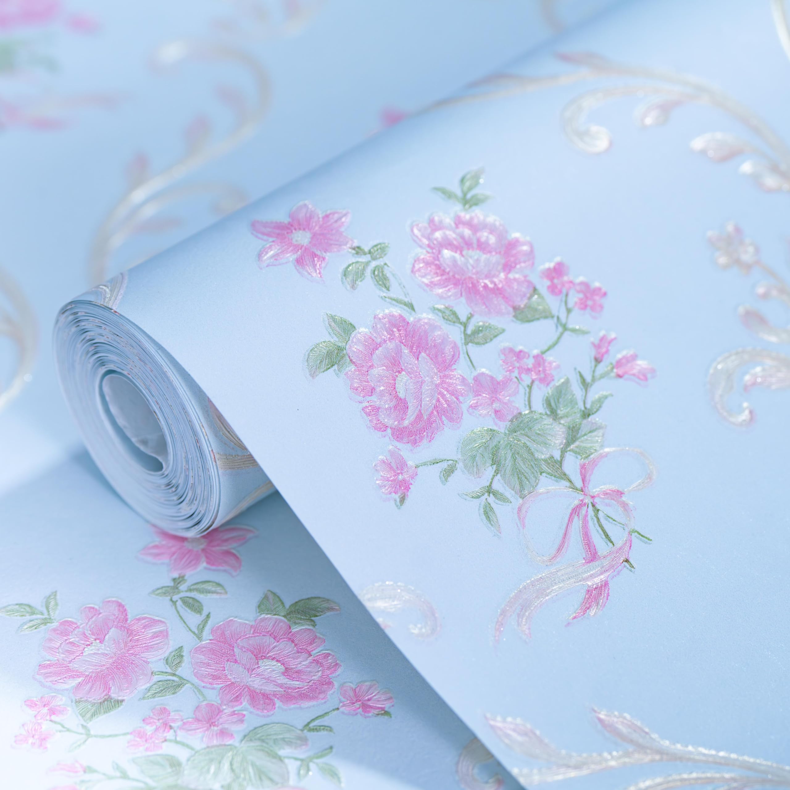 wolpin Wallpaper Non-Woven, Non-Adhesive, 53CM X 9.5M (±3%) Textured Damask and Roses Design Wall Covering, Light Blue 54.18 sq ft (B0DBDX81WH) Amazon Price History, Amazon Price Tracker