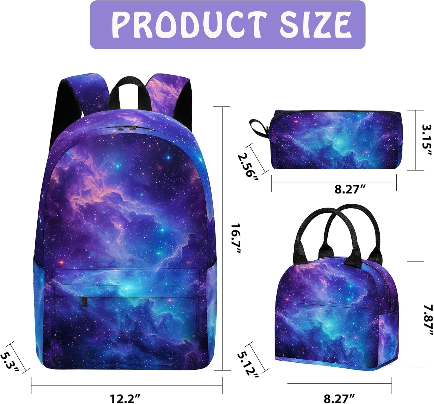 Galaxy 3PCS Backpack for Boys Girls, Kids Back to School Backpack Set with Lunch Box Pencil Case, 17 Inch Lightweight Bookpack 3 in 1 Set for Teens Elementary Middle High School Students