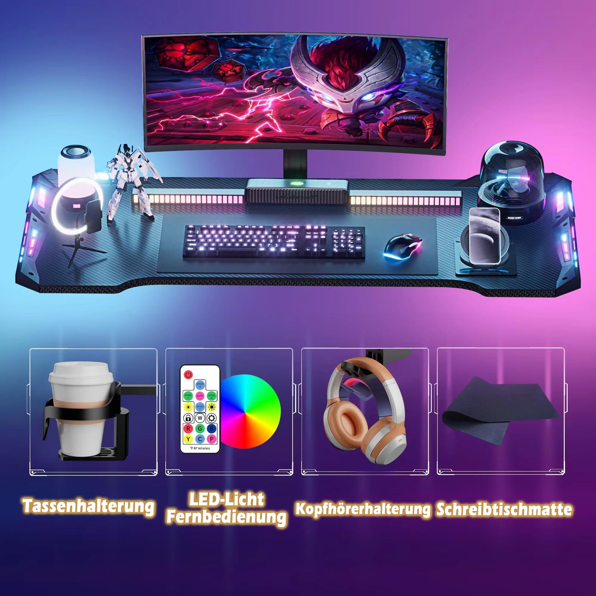 LED Computertisch mit Kohlefaser Beschichtung, Z-Frame Gaming Schreibtisch, Esport Ergonomischer Tisch mit Kopfhörerhaken Getränkehalter, Schreibtisch Perfekt für Schlafzimmer Büro(120x60x75cm)