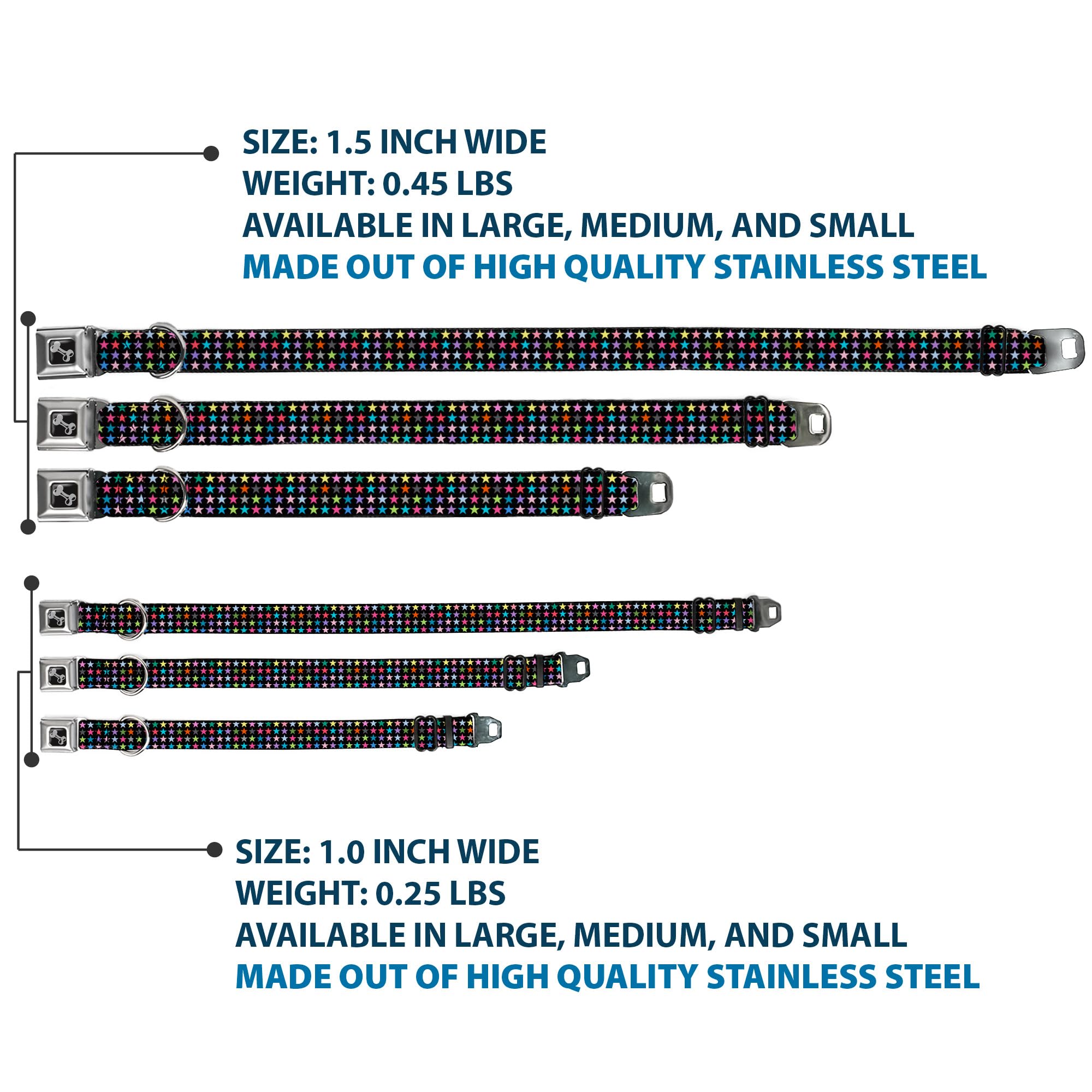 Buckle-Down Obroża dla psa z klamrą pasa bezpieczeństwa - mini gwiazdy czarne/wielokolorowe - szerokość 3,8 cm - pasuje na szyję 40-58 cm - rozmiar M