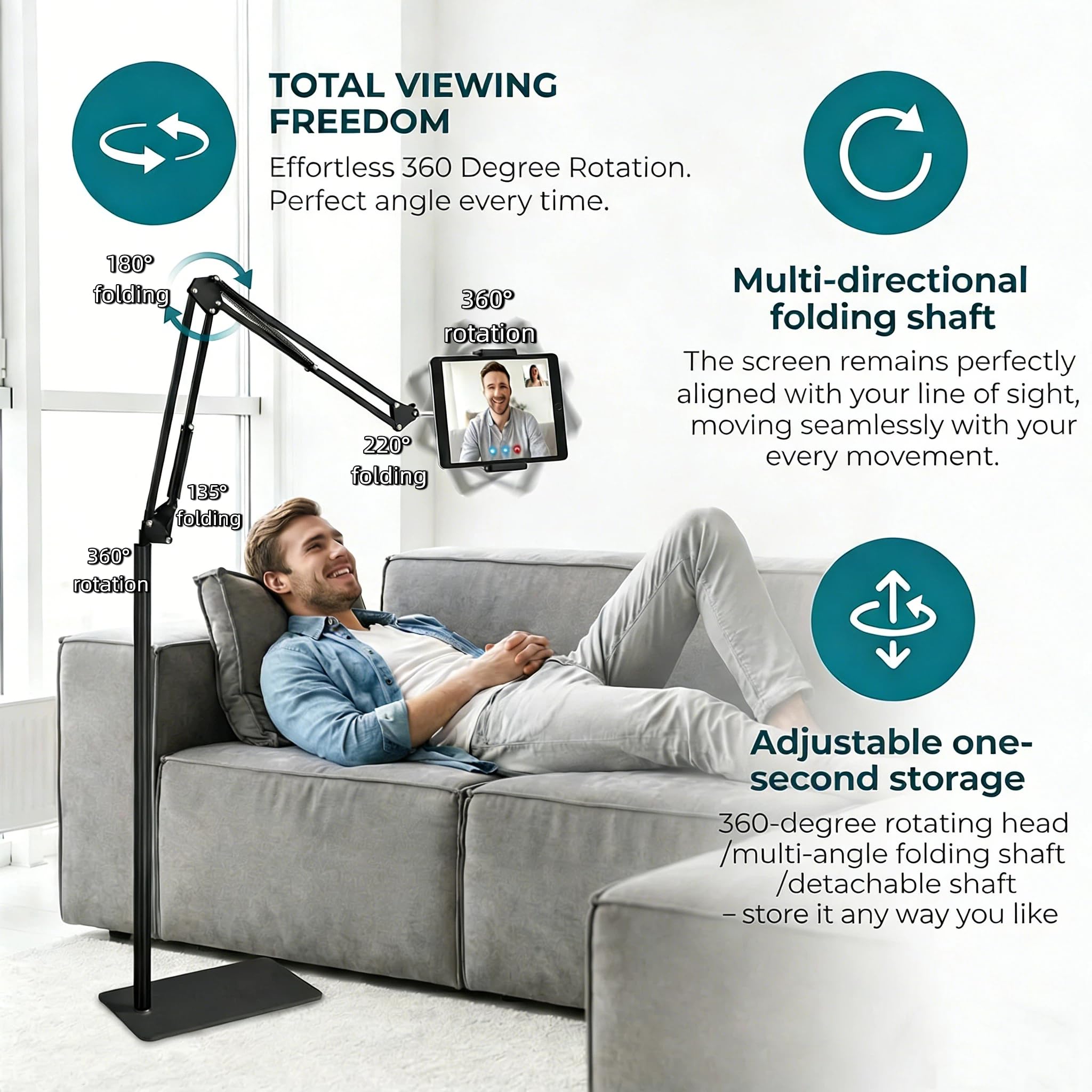Supporto Tablet da Pavimento con Braccio Pieghevole 360° Rotazione Compatibile Telefono Tablet 12-25 cm