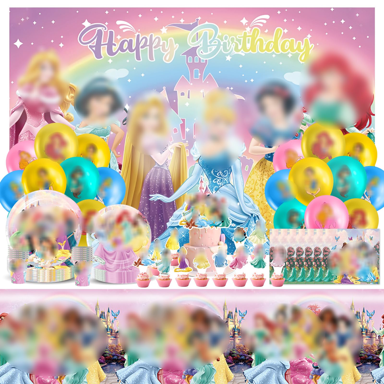 Chiputaogan 107 PCS Princes Birthday Party Decorations, Party Tableware Set with Plates Cups Napkins Backdrop Cake Toppers Tablecloth and Balloons