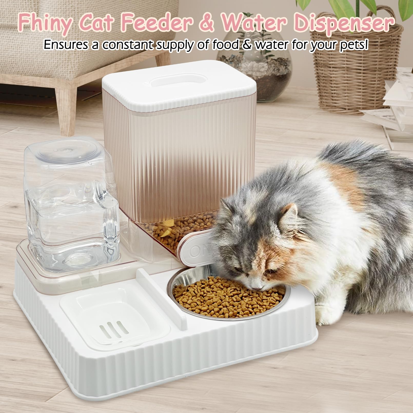 Fhiny Gravity Cat Feeder and Water Dispenser, 2 in 1 Automatic Pet Waterer Detachable Stainless Steel Food Bowls Set Pet Food Storage for Small Dog Puppy Cat Kitten Pet Easy Clean (Grey)