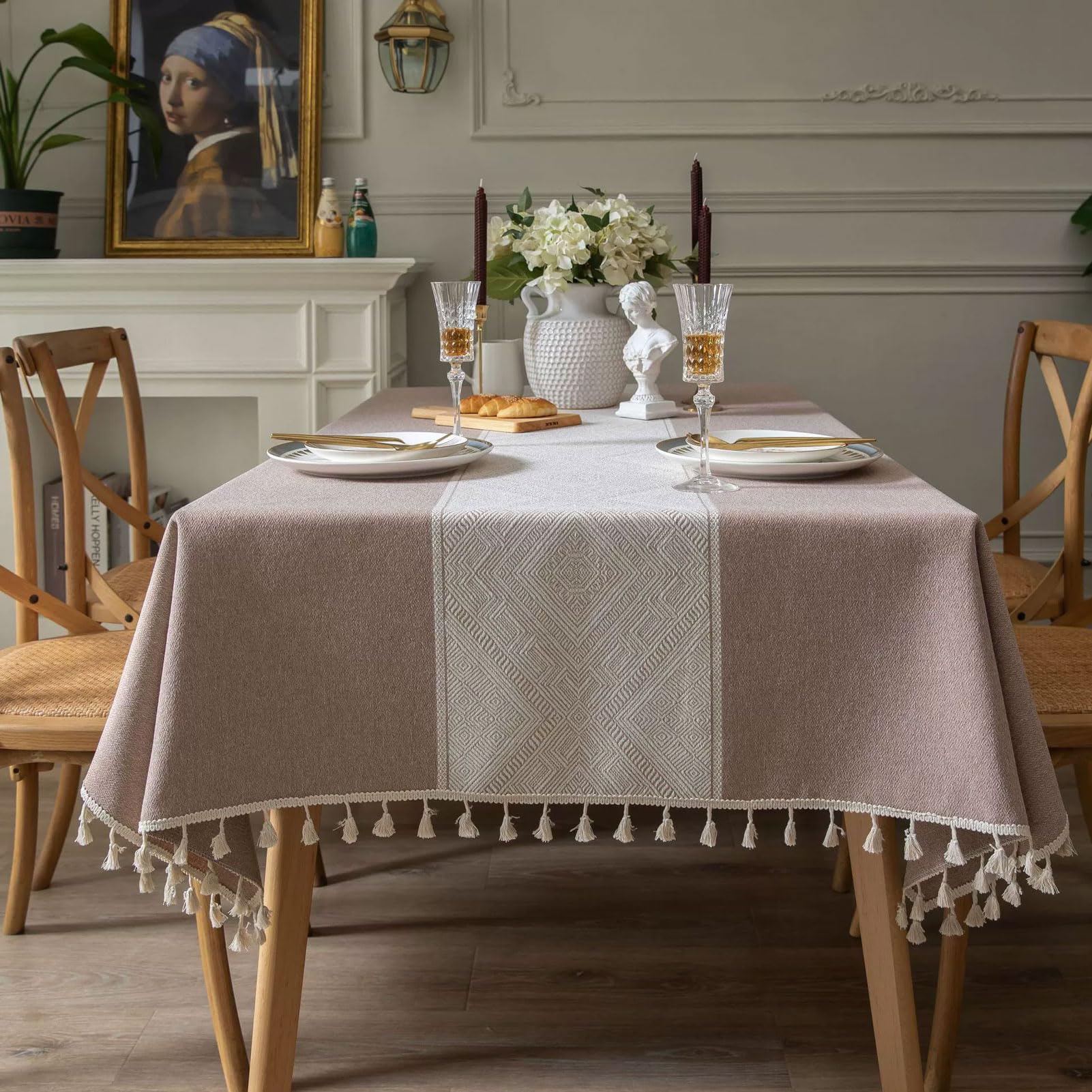 Nappe rectangulaire en tissu tissé avec pompons style naturel