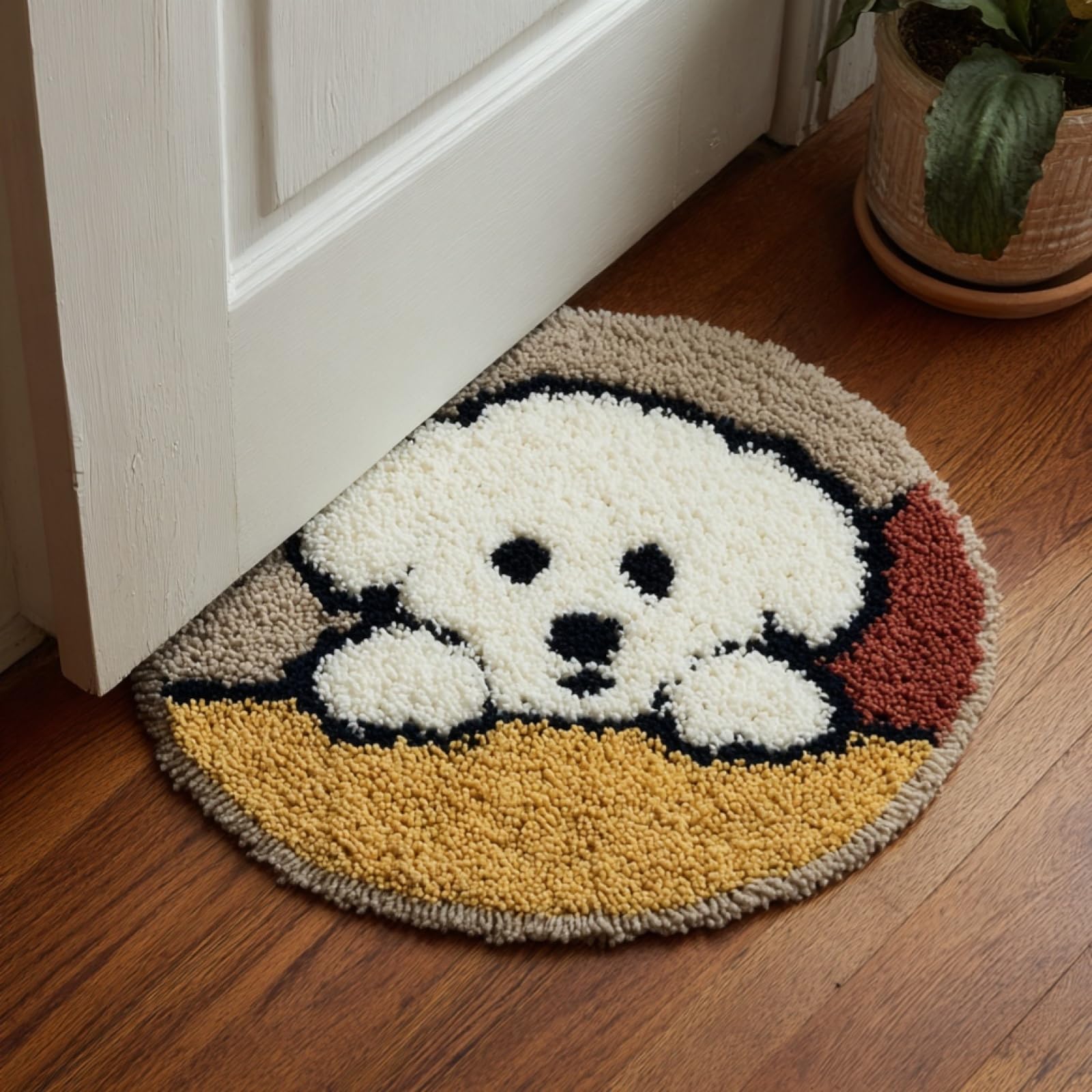 WallustrioaW Latch Hook Rug Kits for Adults,Cartoon Bichon Frise Puppy,Crochet Kits for Beginners,DIY Cross Stitch Cushion Craft with Yarn and Crochet Hook,50x50cm