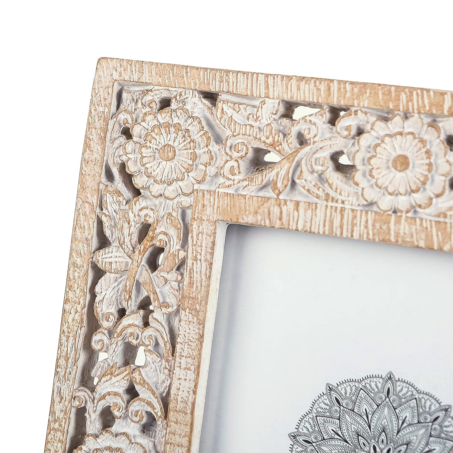 NIKKY HOME Ramka na zdjęcia w stylu boho, w kwiaty, 10 x 15 cm, żywica z postarzanym białym wykończeniem, szkło o wysokiej rozdzielczości, na ścianę i blat stołu
