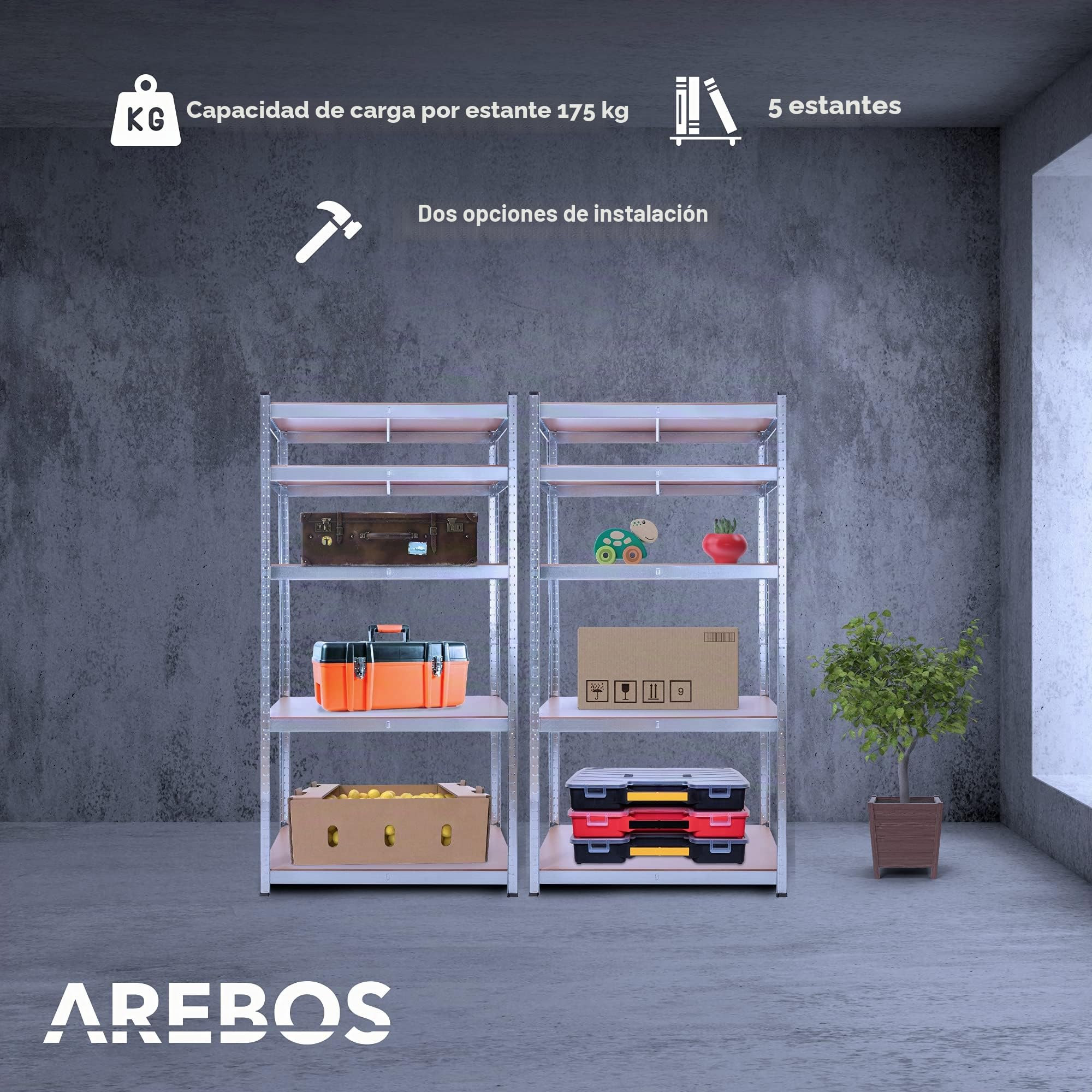 Arebos Estantería Carga Pesada Set 2 uds | 180x90x30 cm | 5 Estantes | Sistema sin Tornillos | Estantería de Taller, Almacén o Bodega | Montaje Fácil | Plata