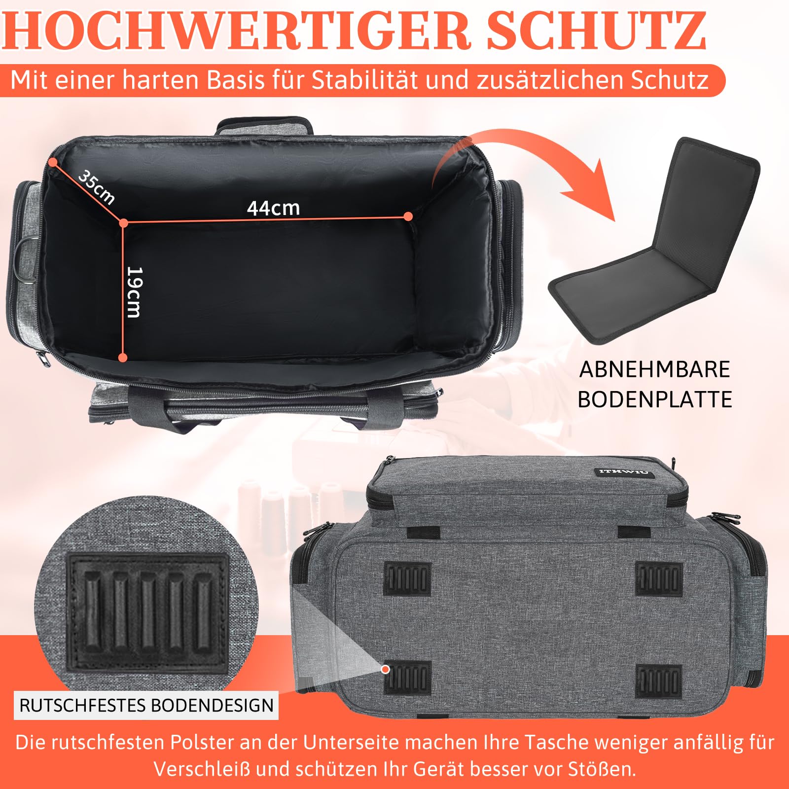 Nähmaschinentaschen, Kompatibel mit den Meisten Standard Nähmaschinen, Transporttasche für Nähmaschine und Zubehör mit Herausnehmbarem Polster und Mehreren Staufächern (Grau)