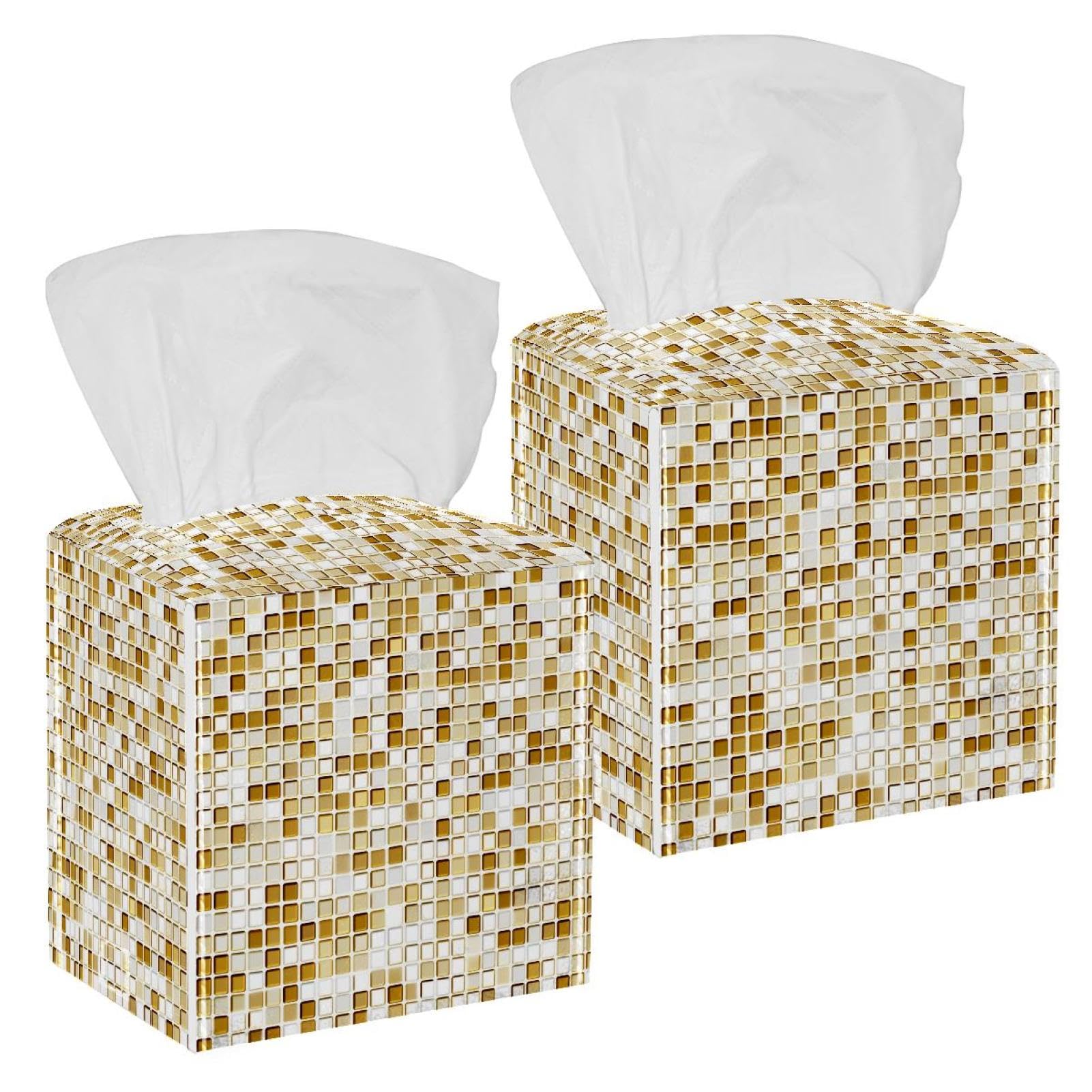 Golden Squares Tissue Box Cover, 2 Pack PU Leather Square Facial Tissue Dispenser Box holder for Home Office Car