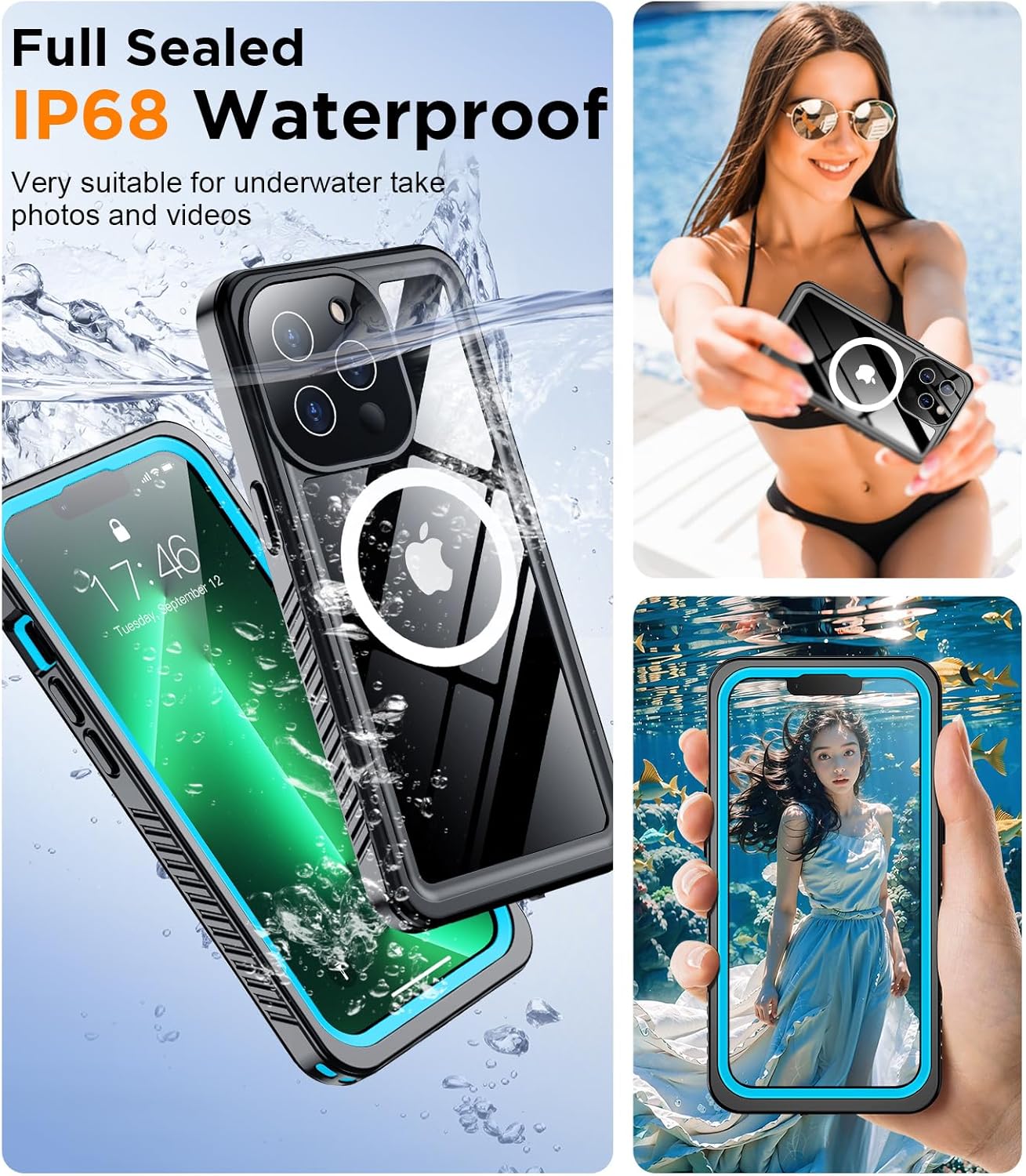 Temdan Magnetic for iPhone 13 Pro Case Waterproof,Built-in Screen Protector[IP68 Underwater][Upgrade Military Dropproof][Compatible with MagSafe] Full Body Shockproof for Phone Case 6.1''-Blue