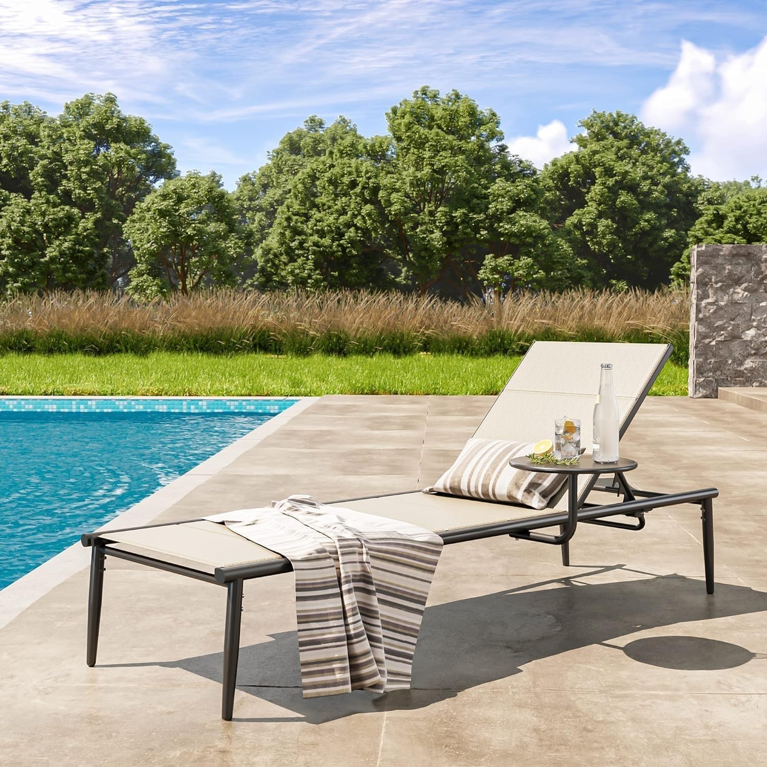 EAST OAK Textilene Outdoor Chaise Lounge, 2024 Aluminum Patio Lounge Chairs with Side Table, 5-Positions Adjustable Lounge Chaise for Outside, Recliner Chair for Pool, Beach, Backyard, Porch, Lawn Textilene & Cotton
