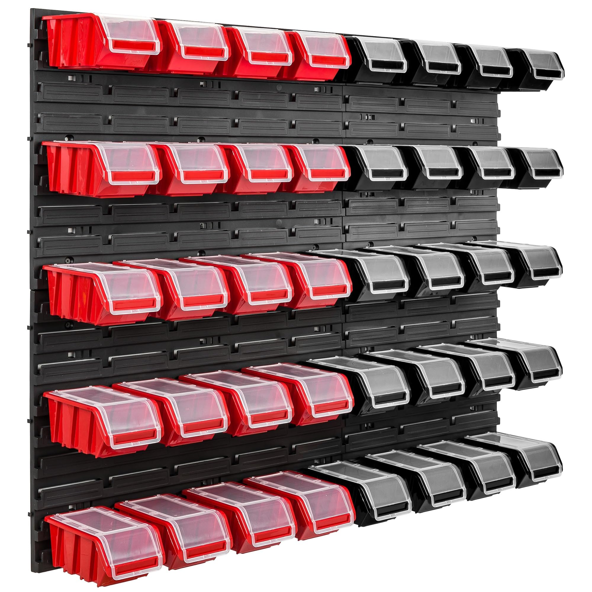 40 cajas apilables de pared con tapa de plástico, 96,5 x 78 cm, banco de herramientas (40 cajas, rojo/negro)