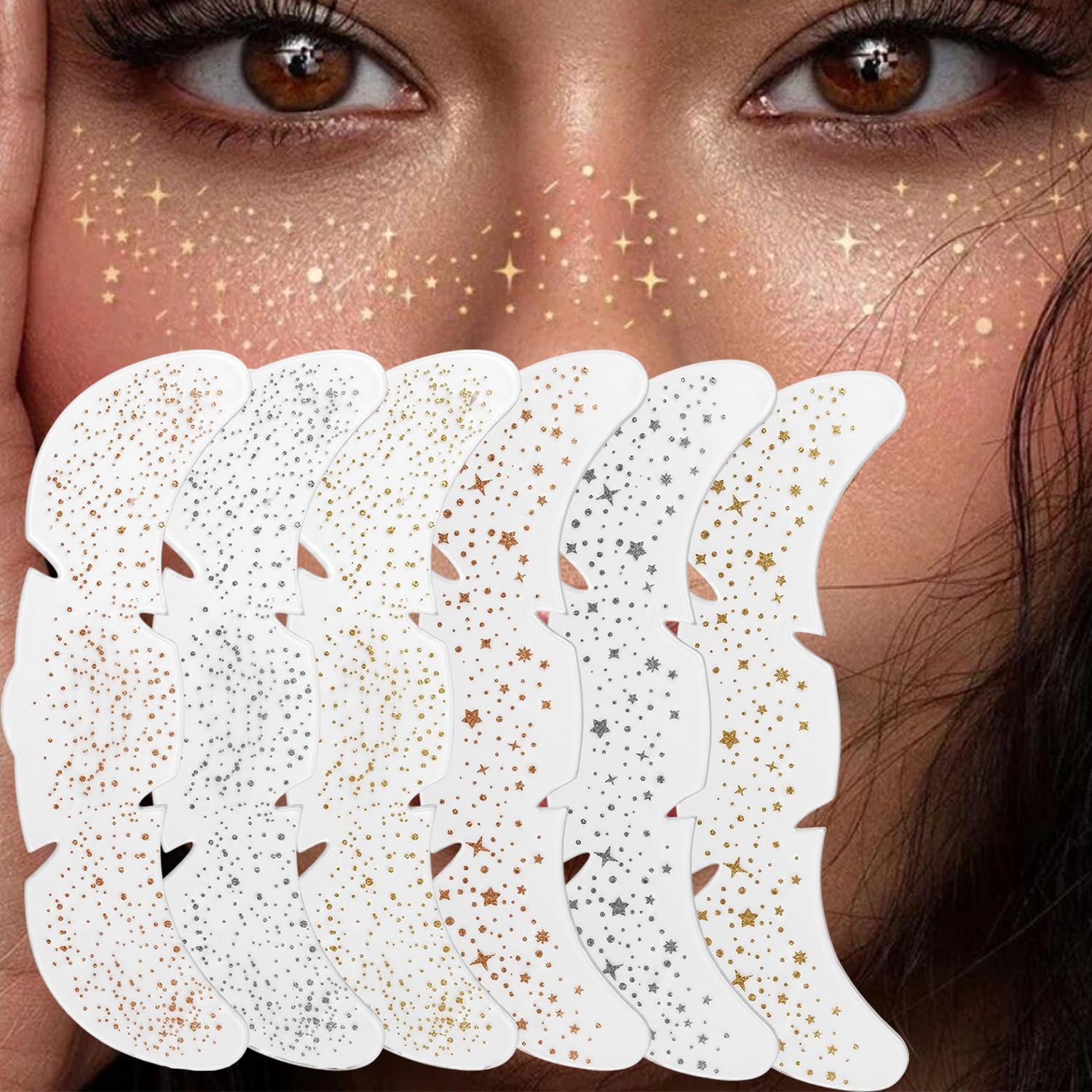 VAMA FASHIONS 6 Cards Temporary Silver Gold Rosegold Face Tattoo Sticker Waterproof Safe Skin Freckles Glitter Sparkle Eye Makeup Patches Accessories Festivals Parties Combo Set for Women & Girls (Star shape face stickers)-image-1