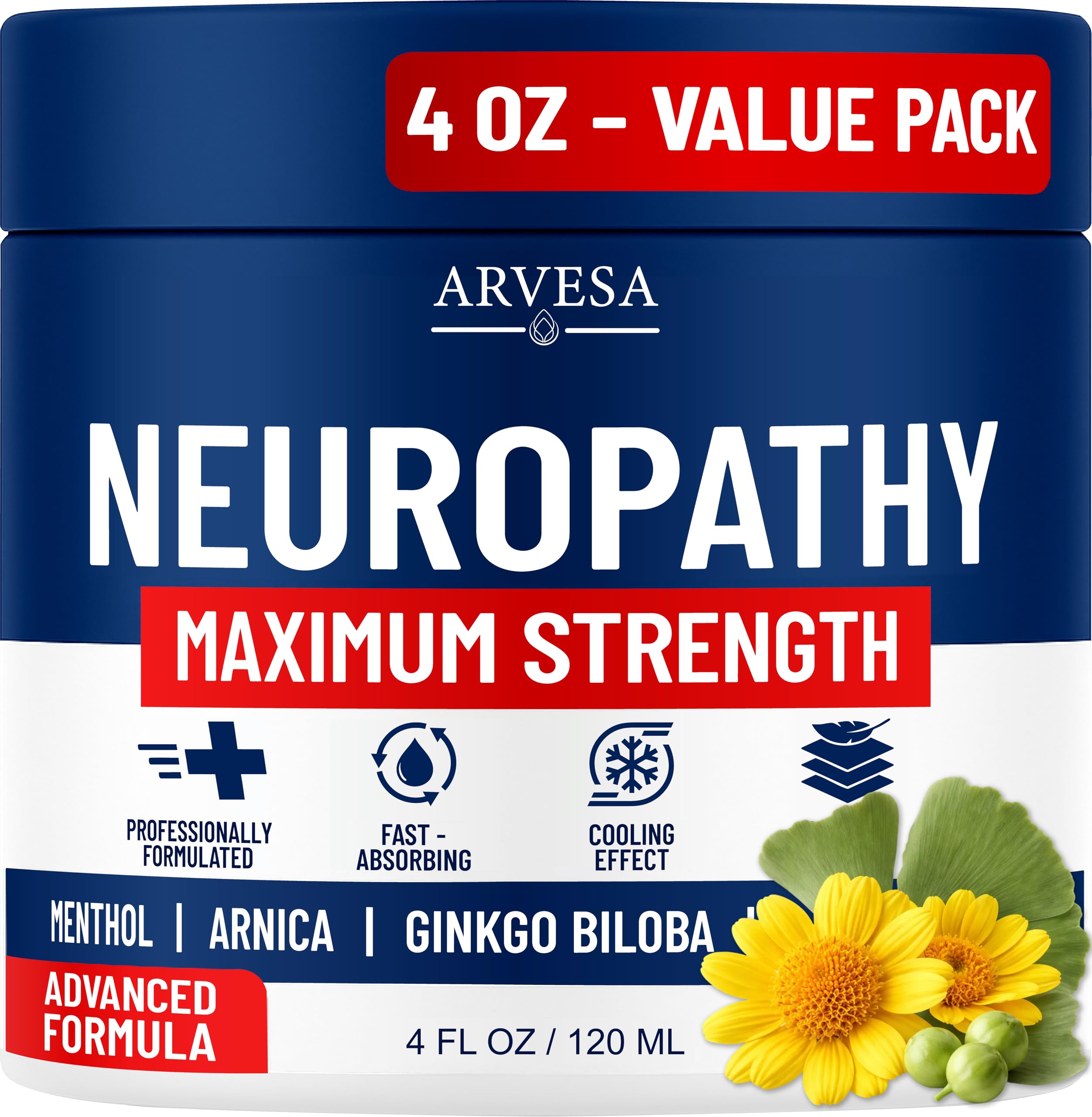 Neuropathy Cream - Maximum Strength - Arnica, MSM, Hemp Seed Oil, Ginkgo Biloba, Capsaicin - Non-Greasy with Cooling Effect - Value Pack - Natural Ingredients - Formulated in USA