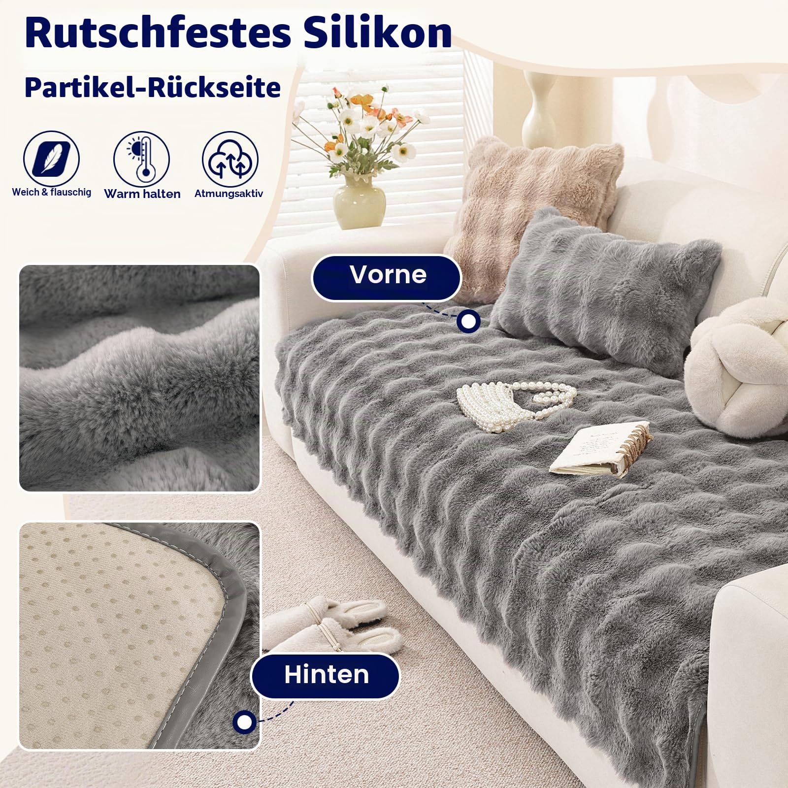 Royhom Plüsch Sofa Überzug L Form 1/2/3/4 Sitzer Couch Überzug Ecksofa, Sofaschoner rutschfest, Superweiche SofaÜberwurf aus Kunstpelz für Sofa, Teppich, Fensterbank Kissen(Grau 90x210cm)