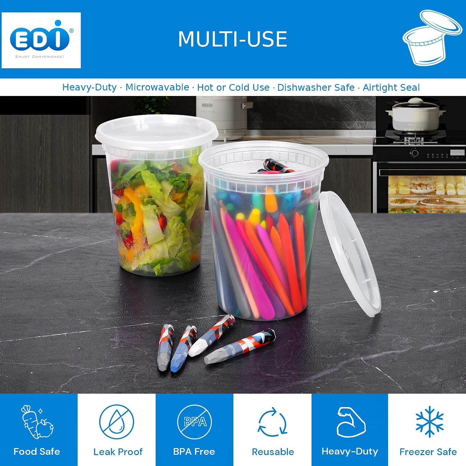 EDI [32 OZ, 100 Sets] Plastic Deli Food Storage Containers with Airtight Lids | Microwave-, Freezer-, Dishwasher-Safe | BPA Free | Heavy-Duty | Meal Prep | Leakproof | Recyclable