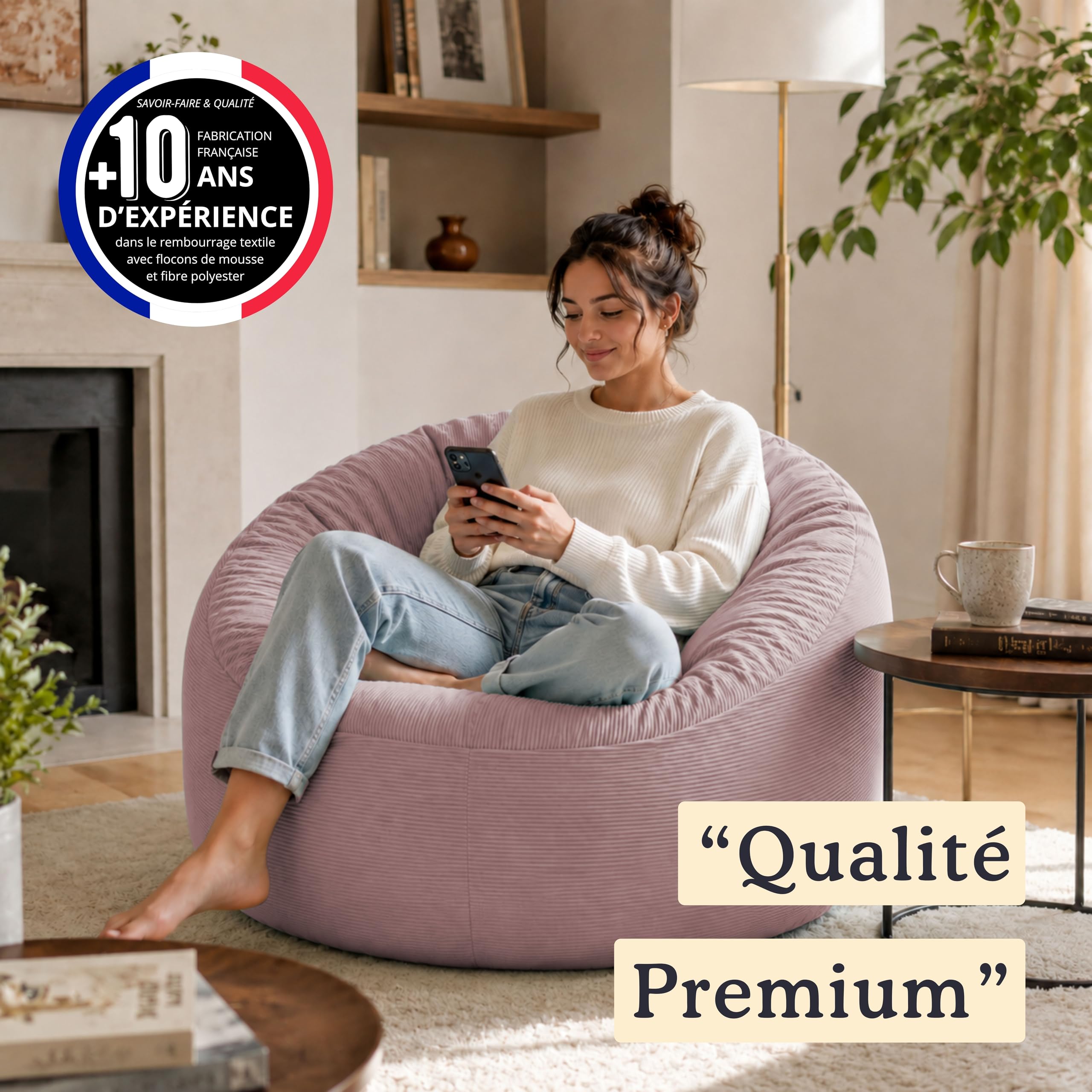 Bananair - Pouf Poire Géant Velours Côtelé, Fabriqué en France - Fauteuil Pouf XXL Remplissage Mousse, Généreusement Rembourré, 100% Confort & Douceur - Idéal Salon, Chambre Adulte, Ado (100 cm, Rose)