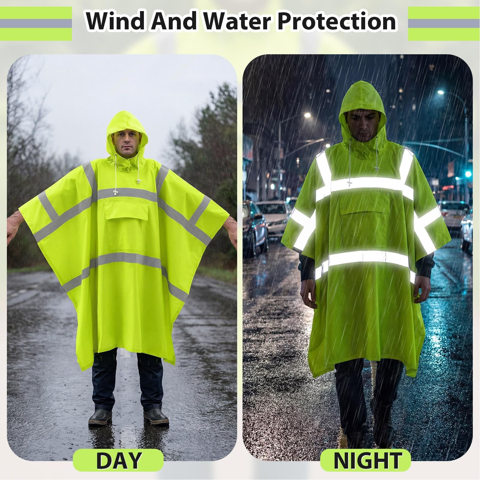 Eujgoov Poncho de Pluie Haute visibilité, Manteau de Pluie Réfléchissant Jaune Fluorescent avec Poche pour le Travail en Extérieur 55x41 Pouces