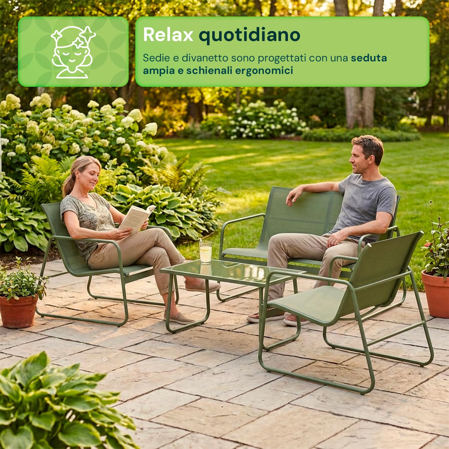 Avilia - Set da Giardino Esterno 4 Pezzi – Divanetto, 2 Sedie e Tavolino Esterno, Struttura Ferro, Seduta Texilene | Set Divano Giardino con Piedini Regolabili, Portata 240/120/60 kg (Khaki)