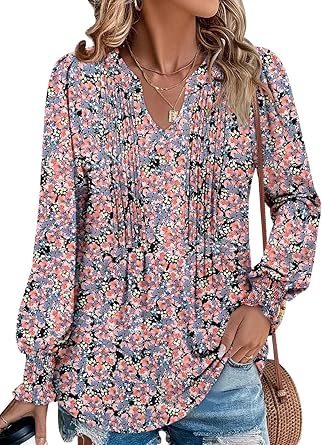 BETTE BOUTIK Long Sleeve Shirts for Women Fall Tops Dressy Blouses Pleated V Neck Tunic Tops for Leggings S-3XL