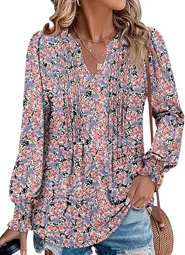 BETTE BOUTIK Long Sleeve Shirts for Women Fall Tops Dressy Blouses Pleated V Neck Tunic Tops for Leggings S-3XL
