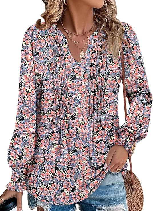 BETTE BOUTIK Long Sleeve Shirts for Women Fall Tops Dressy Blouses Pleated V Neck Tunic Tops for Leggings S-3XL