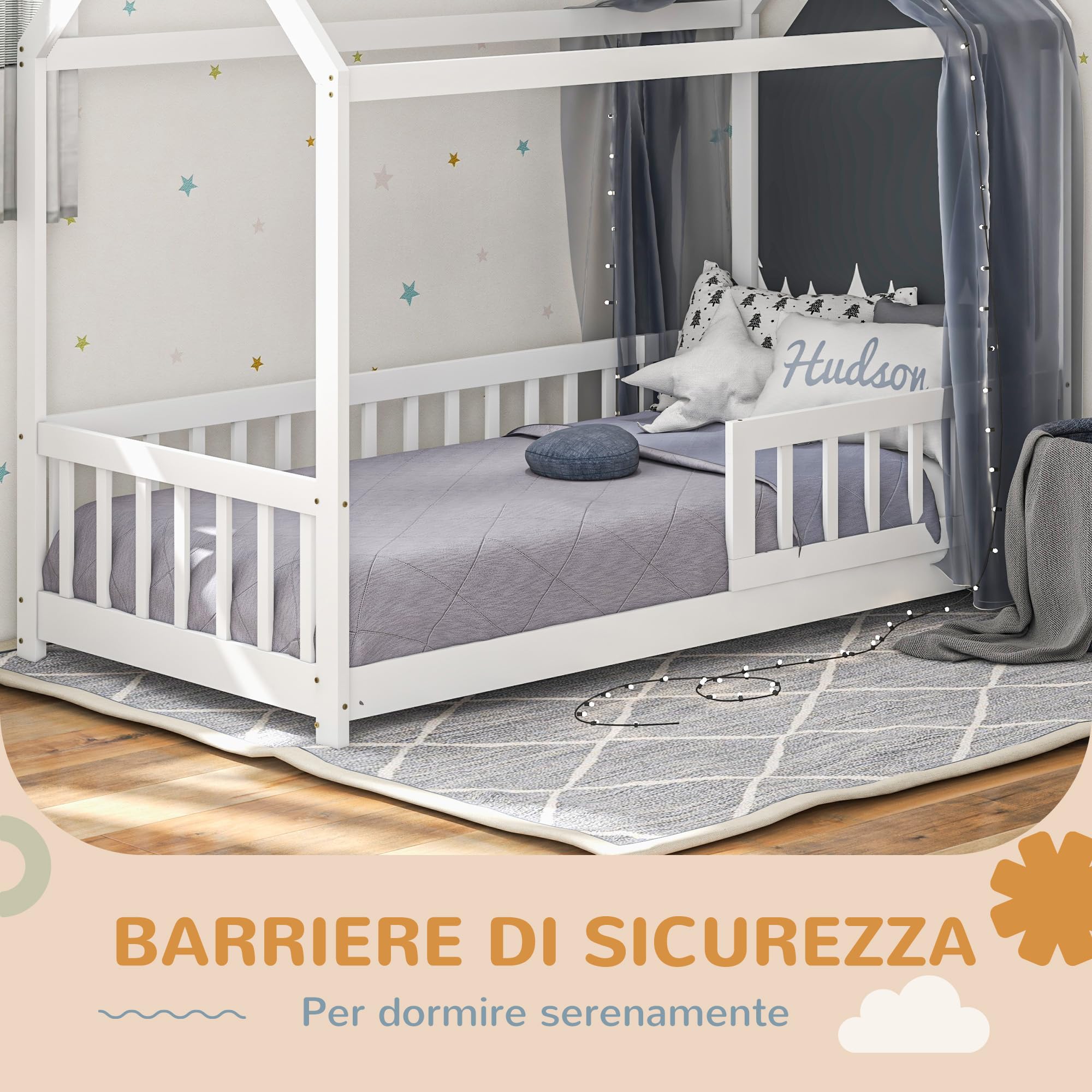 HOMCOM Letto Montessori per bambini a Casetta, 90x190 cm Letto per Bambini a Forma di Casa con 15 Doghe, Struttura in Legno di Pino e Barriere di Protezione per Cameretta, Bianco