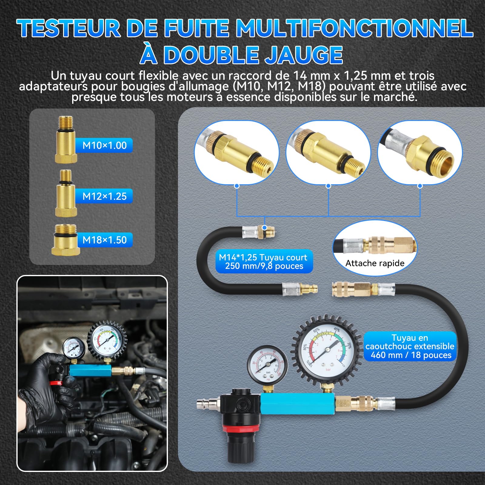 47 Pièces Testeur de Compression, pour Moteurs Essence et Diesel, Testeur de Compression Diesel 0-50 Bars, Kit de Testeur de Fuite de Cylindre à Double Jauge pour Moteurs HDI, TDCi, Pumpe Duse