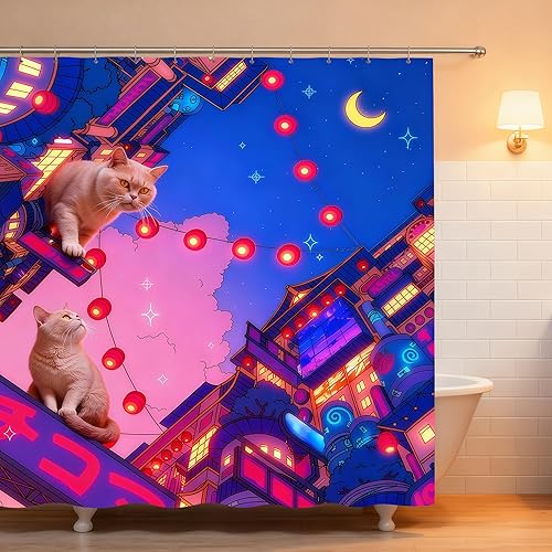 Miniatura 8 de Neon City - Cortina de ducha de gatos con linternas, poliéster impermeable, decoración Cyberpunk para niños y adultos, se adapta a bañera, ducha y