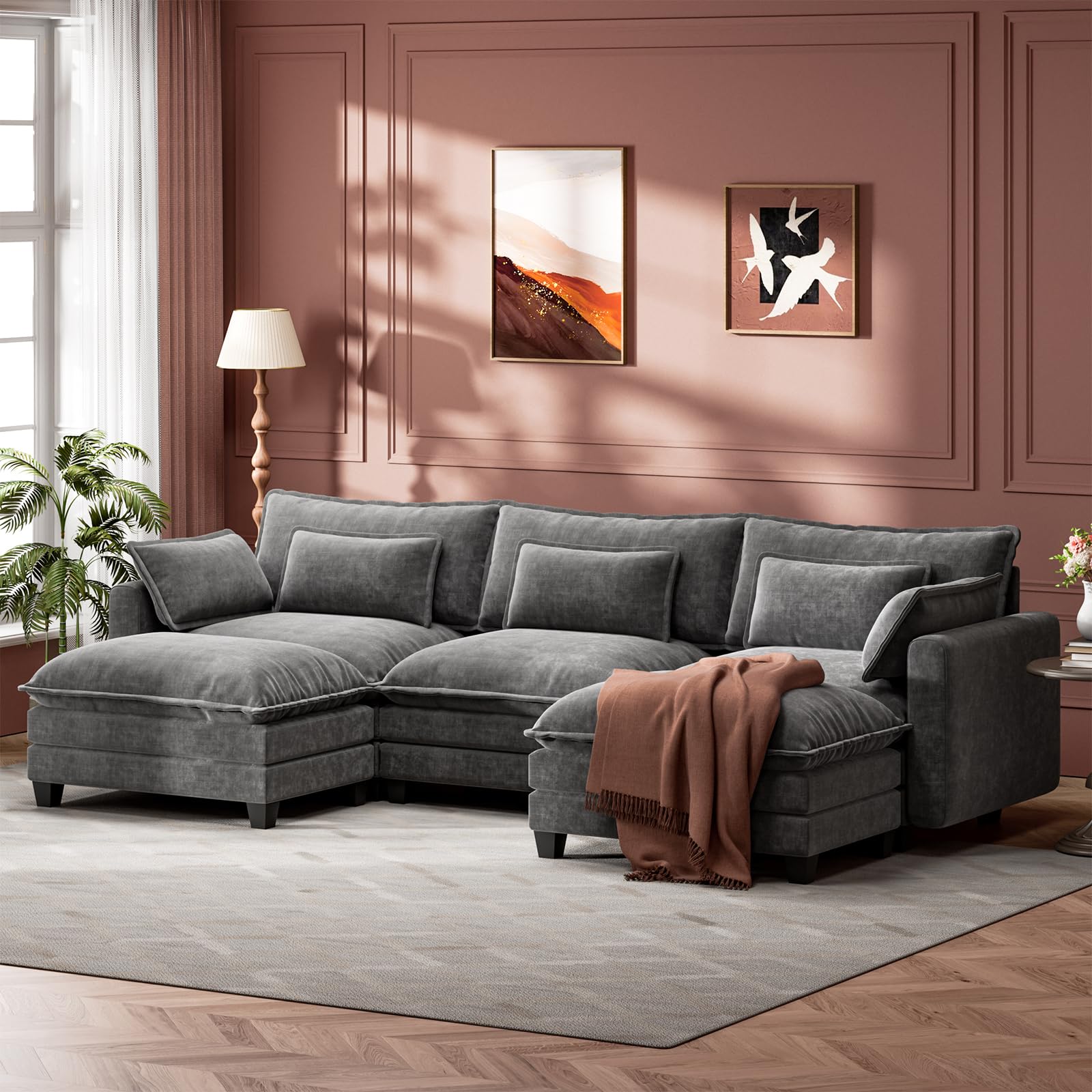 Marsail Modular Sectional Sofa 110 6 U-Shaped Modern Comfy Cloud Couch 5-Seat Chenille Deep Seat Sofa with Throw