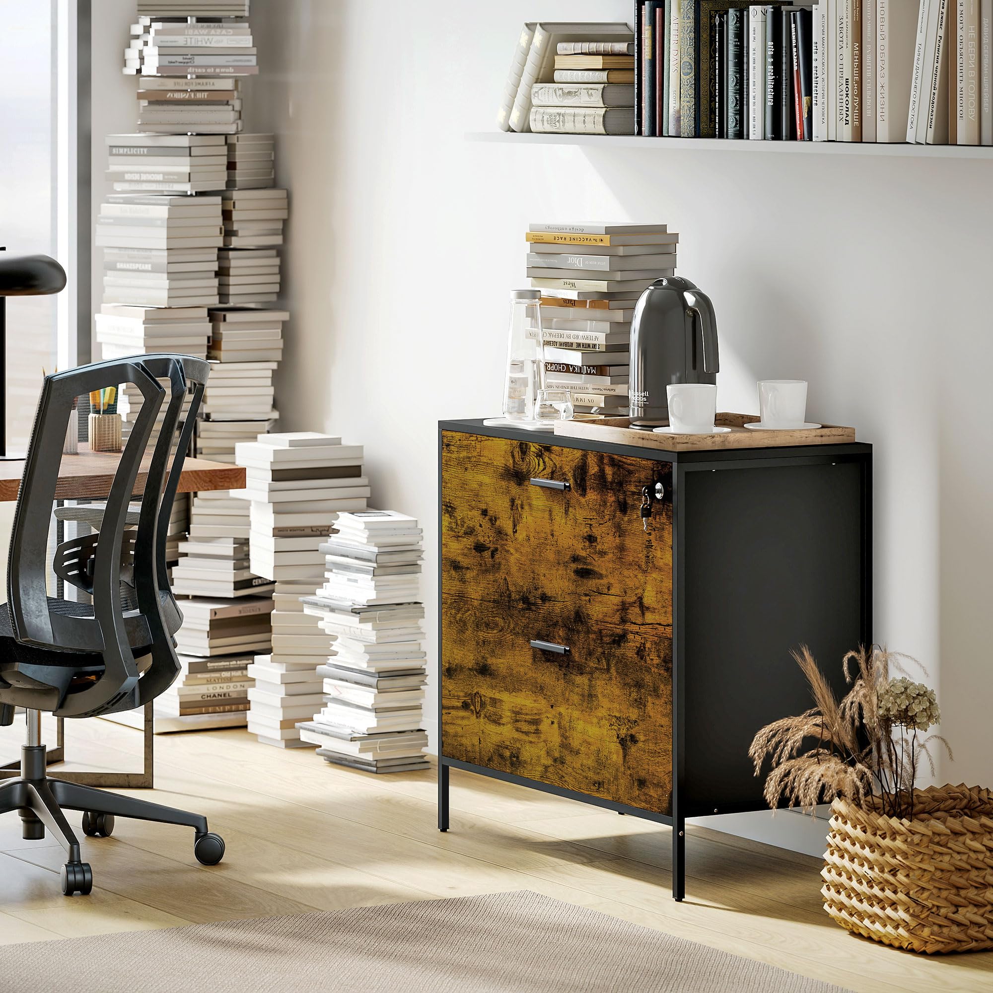HOMCOM Cassettiera da ufficio industriale con 2 cassetti e serratura cassetto per raccoglitori con cartelle sospese, dimensioni A4, 80 x 39 x 73,5 cm, marrone