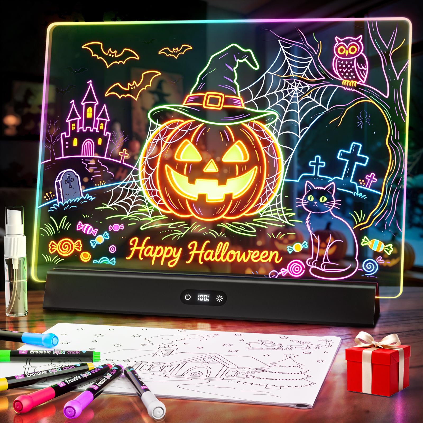 LED Note Board with Colors, Rechargeable 17-Inch Doodle Glow 9-Mode Light Up Desk Sign Letter Message Memo Drawing Dry Erase Board for Classroom/Home Decor/Office/Gifts, 6 Markers &amp; Tracing Book