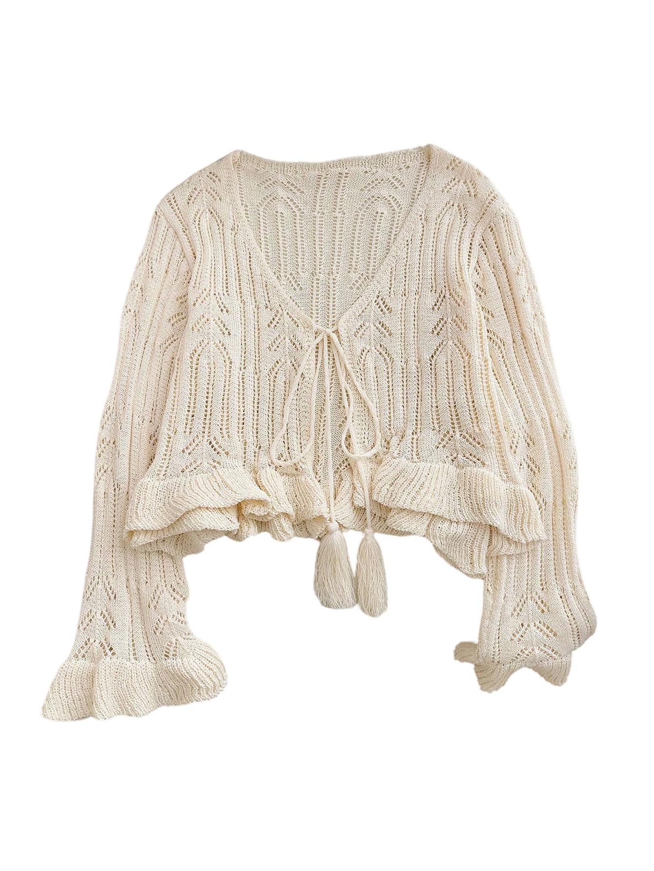 SHENHE Womens Plus Size Tie Front Sweater Cardigan Deep V Neck Tassel Ruffle Knitwear