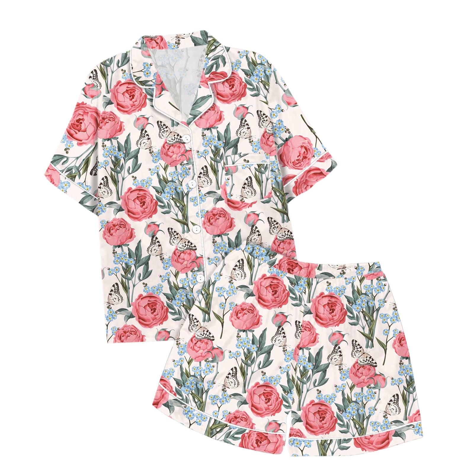 Generisch Ensemble de pyjama en satin de soie à manches courtes pour femme - Haut et short - Taille S