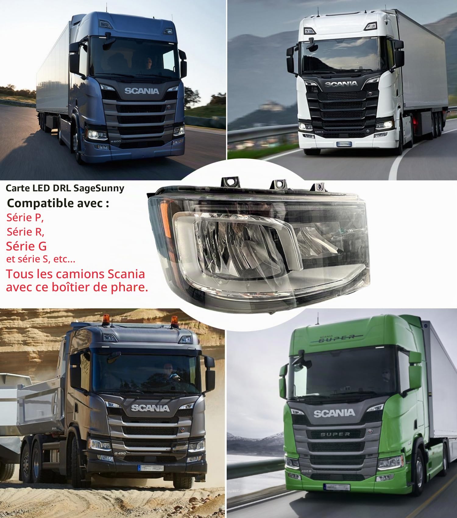 SageSunny feu de jour LED module Phare Avant blanc DRL, Circulation Diurnes, panneaux de phare gauche et droit pour Scania P G R S series 2655849, lot de 2, 12 Mois Garantie