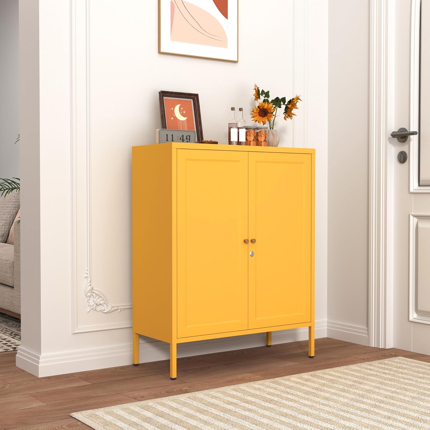 Metal Storage Cabinet, 36" H Freestanding Kitchen Cabinet with Press Door & Adjustable Shelves, Metal Sideboard Storage Organizer for Living Room, Entryway, Kitchen, Yellow
