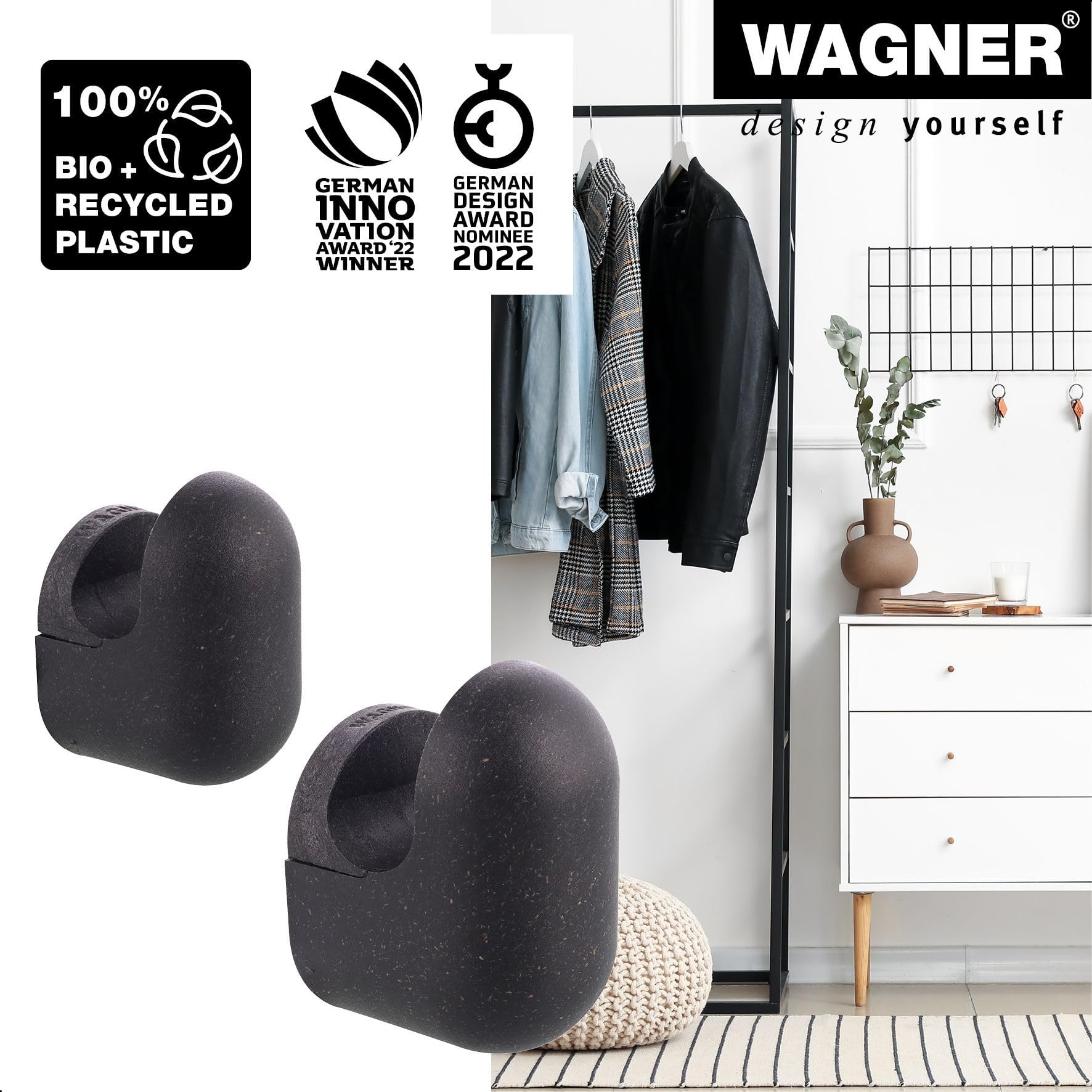WAGNER, hooks4home, Design Wall Hooks Pill 4pcs. Set, 51 x 32 x 37 mm & 76 x 47 x 55 mm, for Clothes Bags, Hats etc - Image 3