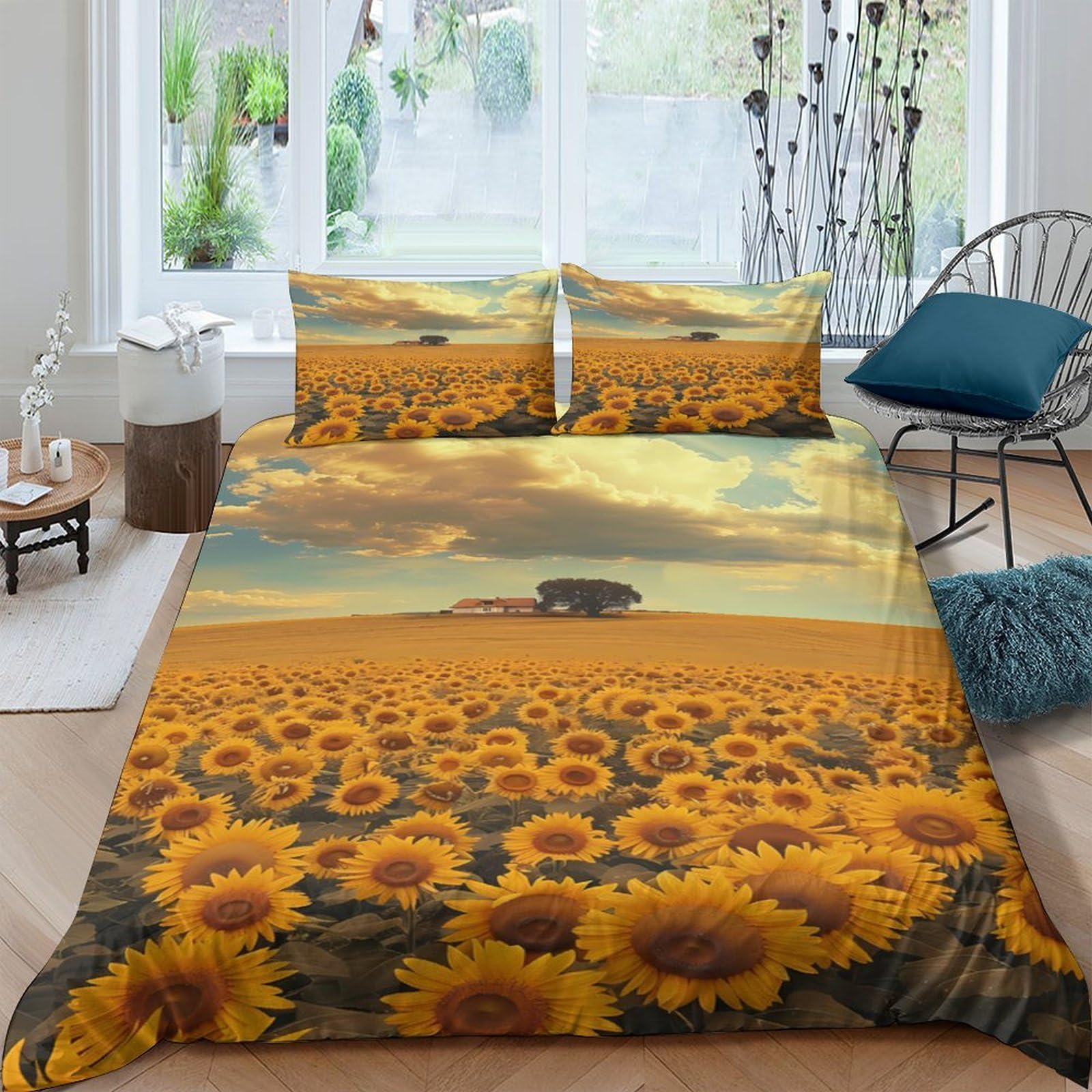 Ctjqhvkz Style-1 3D Printed Sunflower Field Fitted Sheet Microfiber Soft Yellow Landscape Bed Cover For Bedroom Dorm Mattress Protection Decor Single（135X200cm）