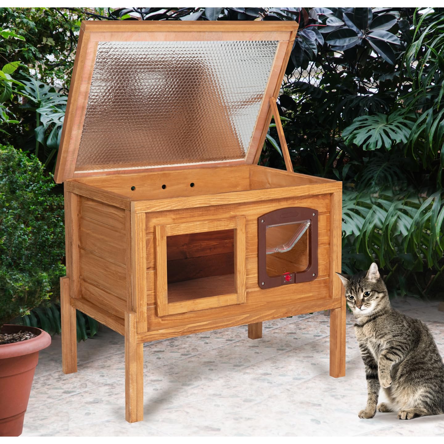 IDMarket - Niche autochauffante en Bois pour Chat avec Porte et fenêtre