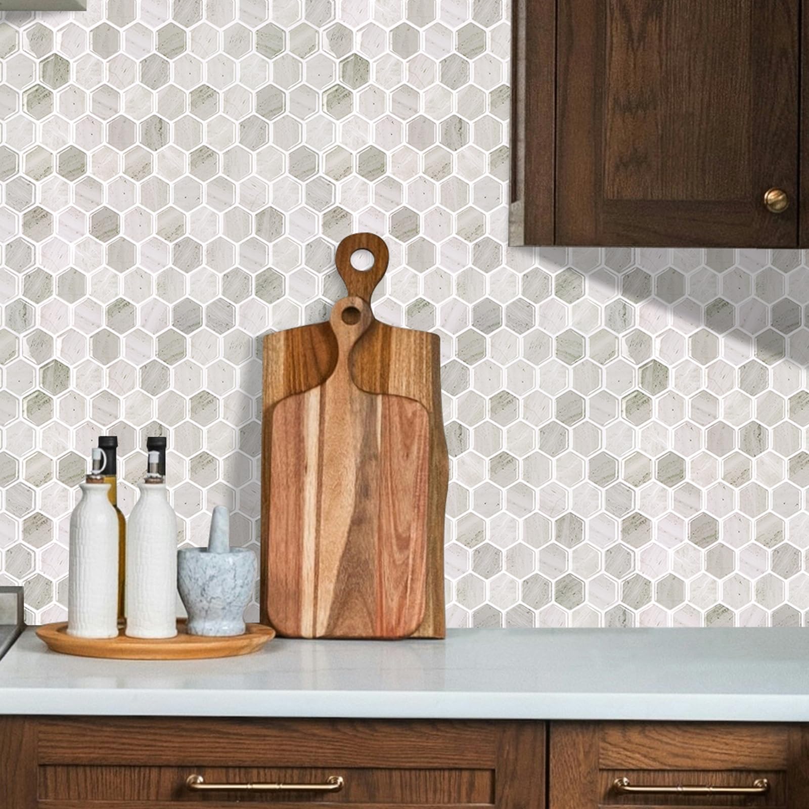 10-Foglie Esagono Piastrelle Adesive 3D Mattonelle Adesive per Muro Cucina Bagno (30.5 x 30.5cm)
