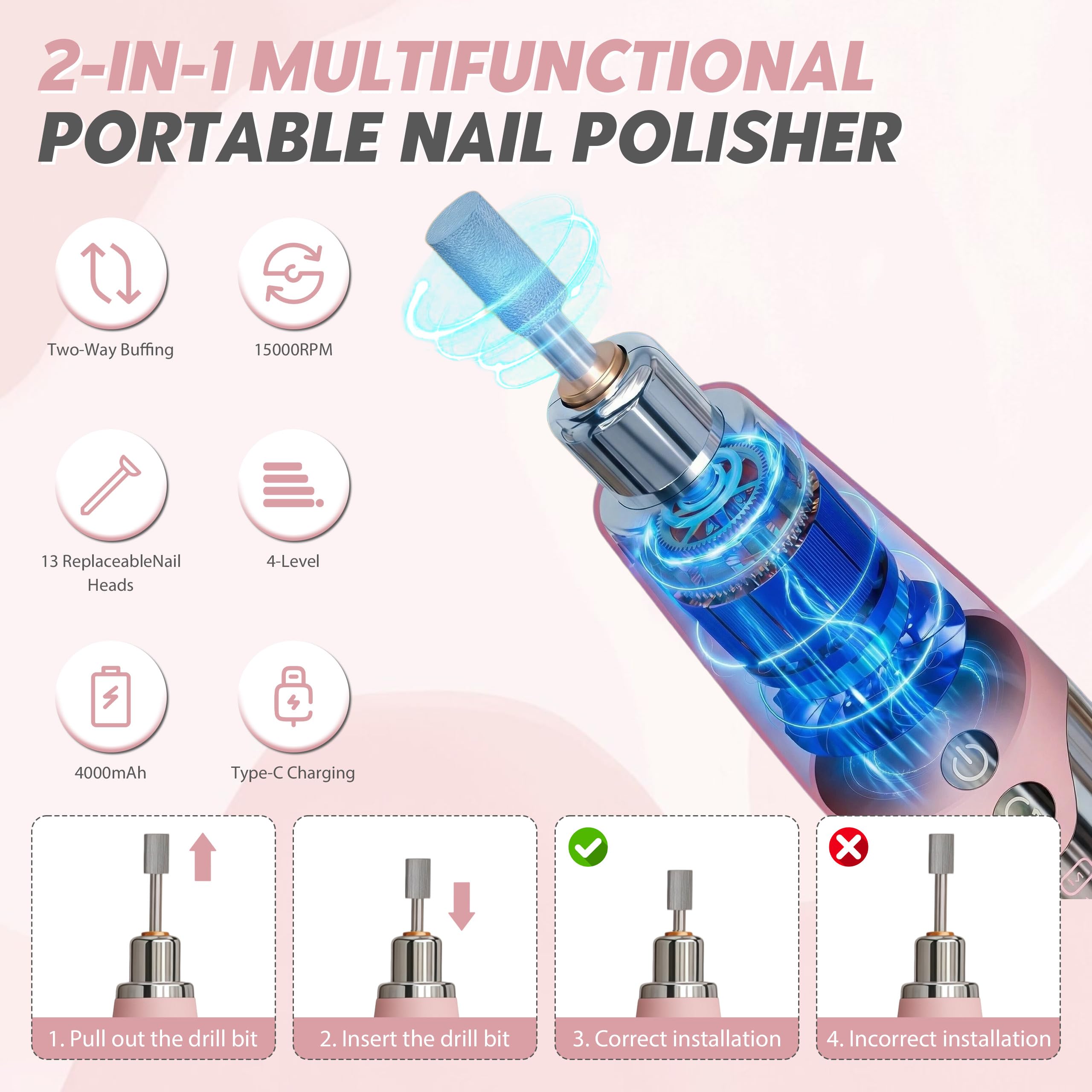 Lima Eléctrica para Uñas con Aspiración de Polvo Integrada, Fresador Inalámbrico con 4 Niveles de Succión, Set de Manicura con 13 Cabezales Recargable USB-C para Uso Doméstico