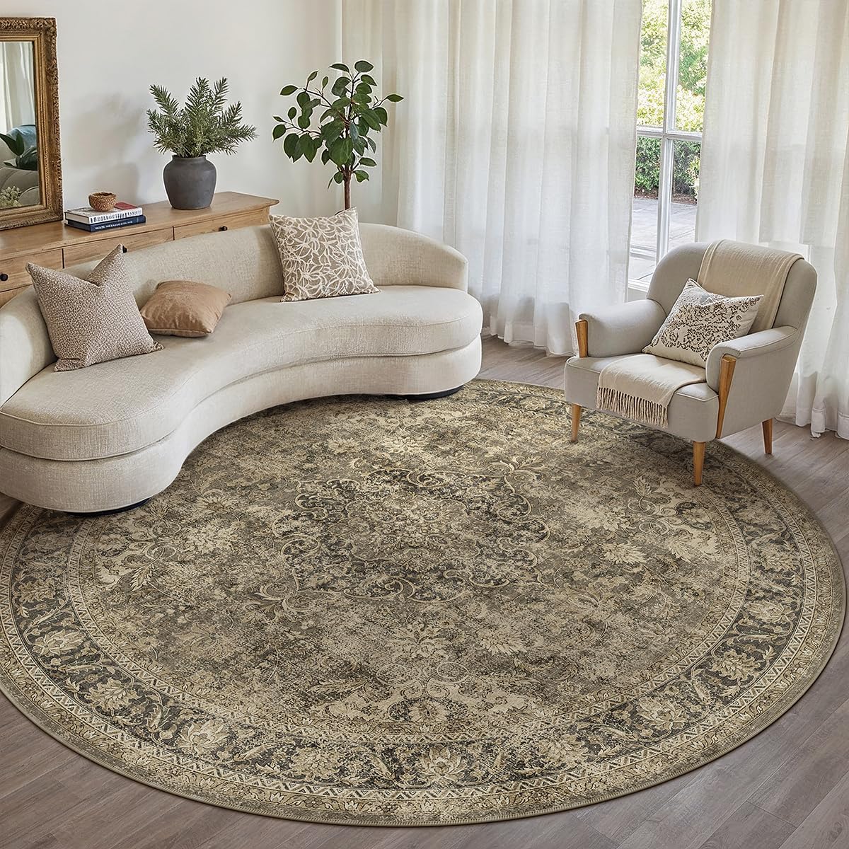 WondRg 8x8 Washable Brown Round Rug Vintage Living Room Bedroom Circle Rug Non-Slip Soft Low Pile Distressed Indoor Carpet for Kitchen Dining Room