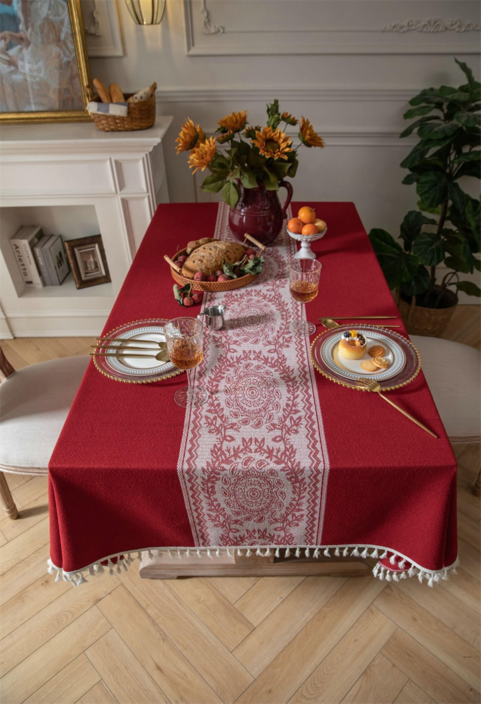 Mantel Lavable Antimanchas Rectangular Rojo, Estampado Floral con Borlas, de Poliéster Fácil de Limpiar, 140 x 220 cm, Mantel para Mesa de Centro
