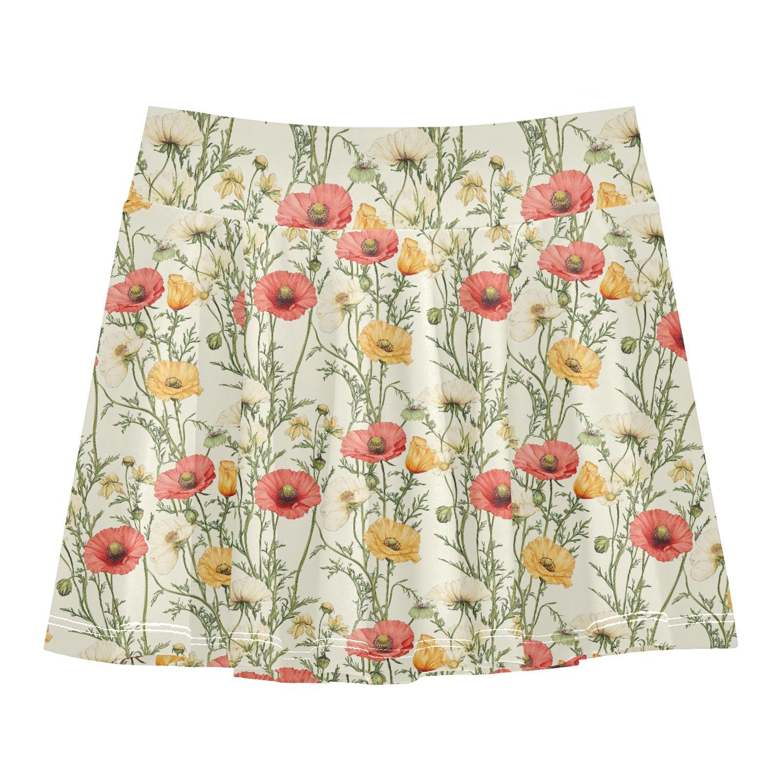 Cute Flowers Girls Tennis Skirts with Built in Shorts Kids Pleated Skirt with Pockets Flowy Girl Golf Skirt Beige