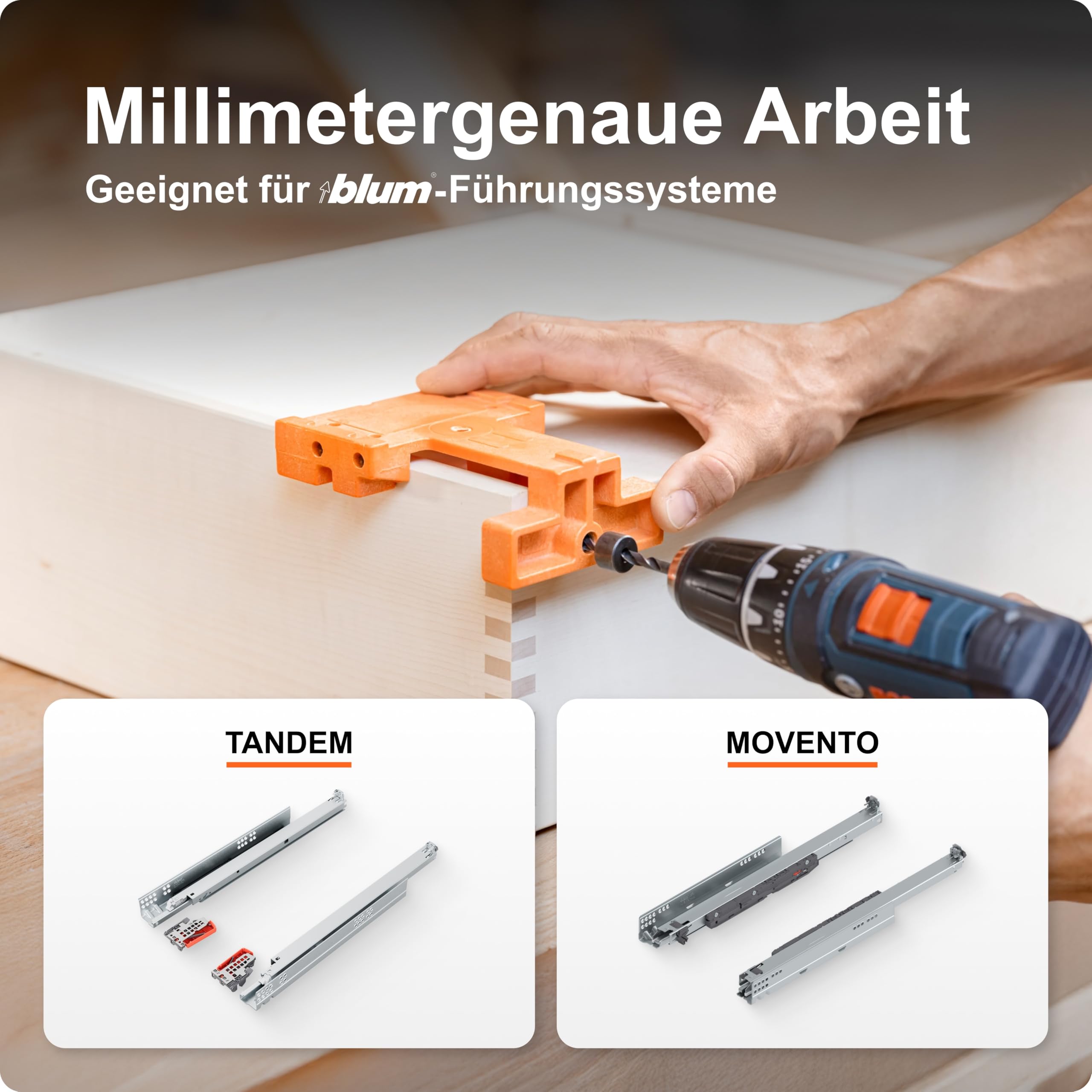 blum Bohrlehre für TANDEM/MOVENTO I Präzise Bohrschablone für Schubladenschienen | zum Bohren von Hakenposition & Bohrlöcher für Kupplung I Bohrhilfe für montierte Holzschubkästen I Made in Austria