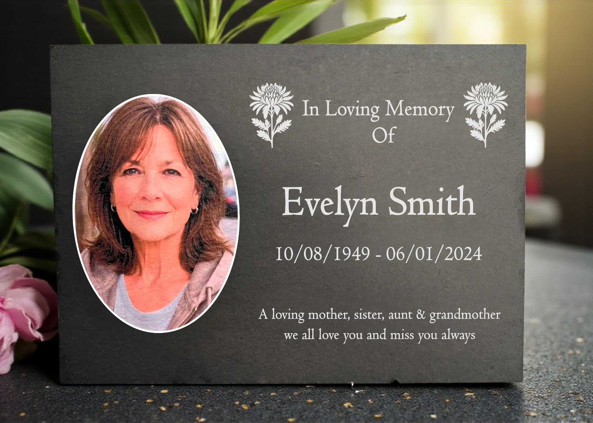 Photo Slate Memorial Plaque, Chrysanthemum, Add a Portrait & Personalised Text | 35×25cm (14×10”)