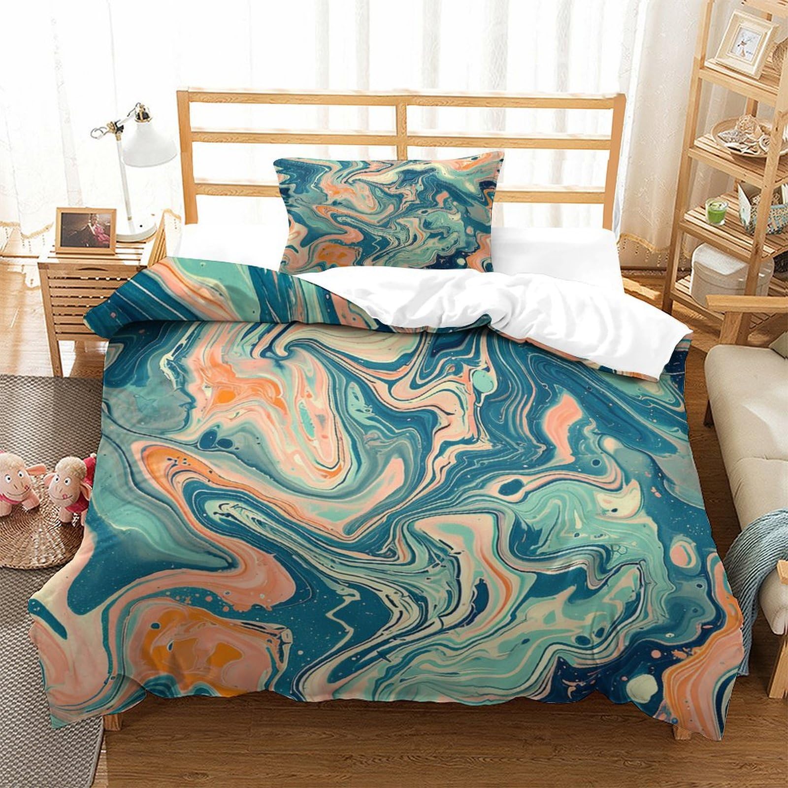 P1S9U7W5Y Abstract Marble Blue 3D Printed Duvet Cover Set 3pcs Microfiber Artistic Pattern Bedding Set Single（135x200cm）
