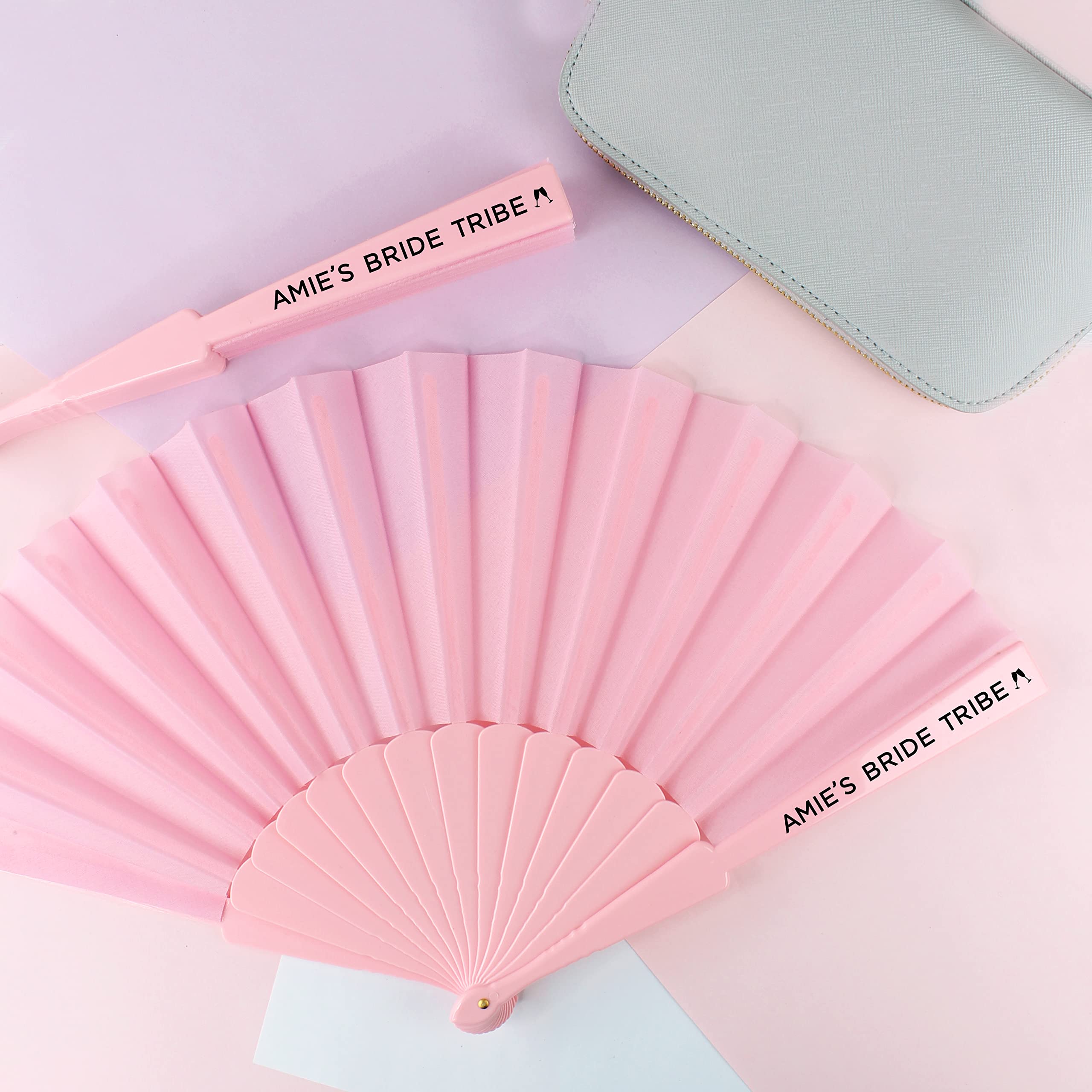 Personalised Light Pink Folding Handheld Fan, Bride Tribe Fan, Bridal Party Favours for Hen Do Abroad, Girls Weekend, Hen Party, Pool Party, Destination Wedding (Pack of 15)