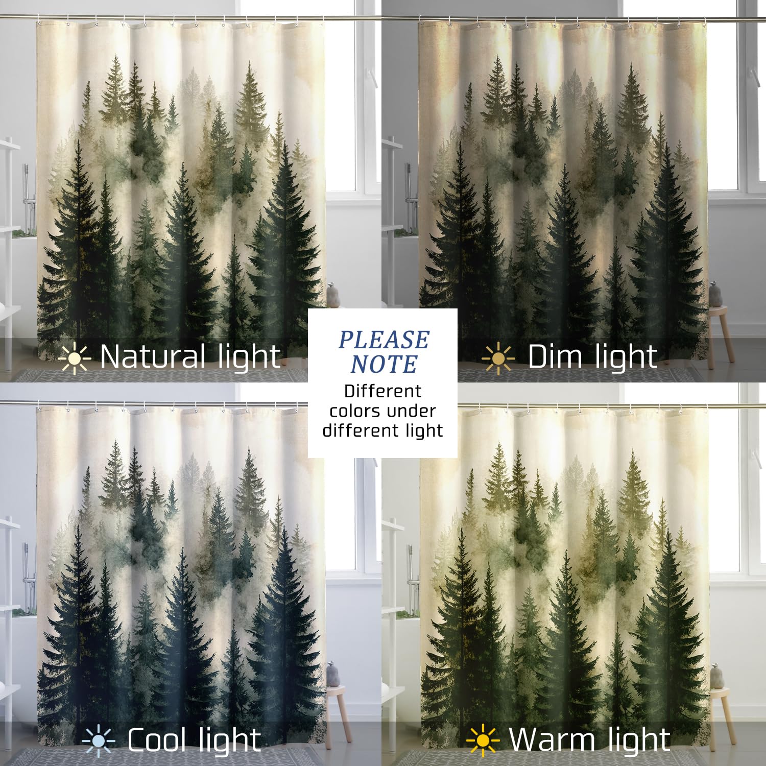 Ensemble de rideau de douche motif forêt aquarelle - Rideau de douche paysage d'arbre naturel - Accessoires de salle de bain brumeux - Motif imprimé décoratif - 183 cm