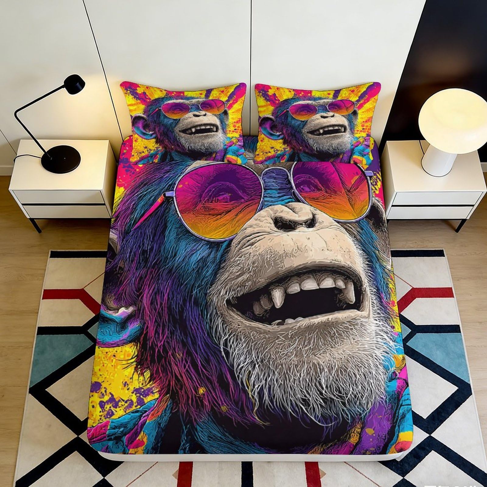 3D Printed Colorful Gorilla Fitted Sheet Microfiber Vibrant Sunglasses Bed Sheet for Bedroom Dormitory Guest Room Mattress Cover Protection 120x200x25cm